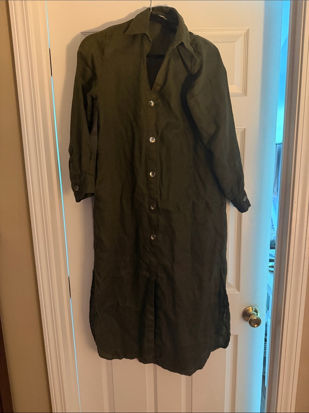 Zara Olive Green Button-Front Linen Midi Dress